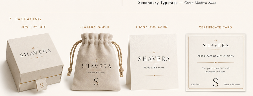 SHAVERA packaging concept with ivory jewelry box, fabric pouch and brand cards